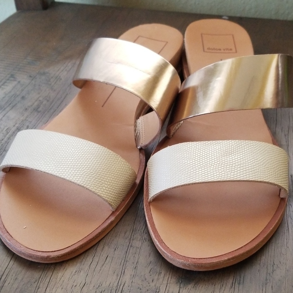 Dolce Vita Metallic Gold and Cream Double Band Slide Sandals